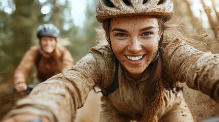 A dynamic image capturing a smiling female cyclist immersed in a muddy adventure, reflecting pure joy and exhilaration in a beautiful forest setting on bicycles.