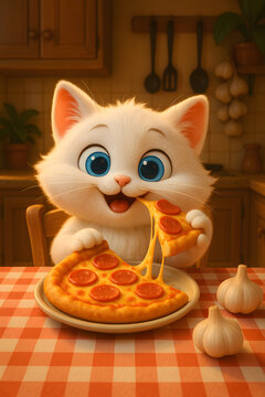 Naklejki A Whimsical Feast: A captivating feline, joyfully devouring a slice of savory pizza. the cartoon-like image evokes a playful and delicious moment.