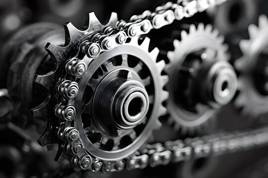 Close-up view capturing rotating gears and chain, revealing the intricate workings of an industrial mechanism, highlighting precision and power in motion within a complex system