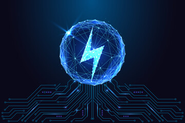 Energy innovation, digital power with glowing lightning bolt in polygonal sphere and circuit board