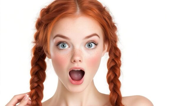 Surprised woman with red braided hair on white background beauty portrait