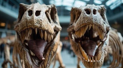 A striking display of two fierce Tyrannosaurus Rex skull fossils, highlighting their formidable size and artistry, captivating the imagination of dinosaur enthusiasts and visitors alike.