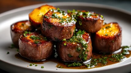 A delicious plate of grilled steak bites topped with vibrant herb sauce, showcasing a beautiful gourmet presentation perfect for food lovers and culinary enthusiasts.
