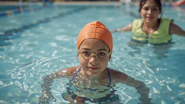 Girls Practicing Swimming Skills in a Pool During a Safety and Swim Lesson for Beginners