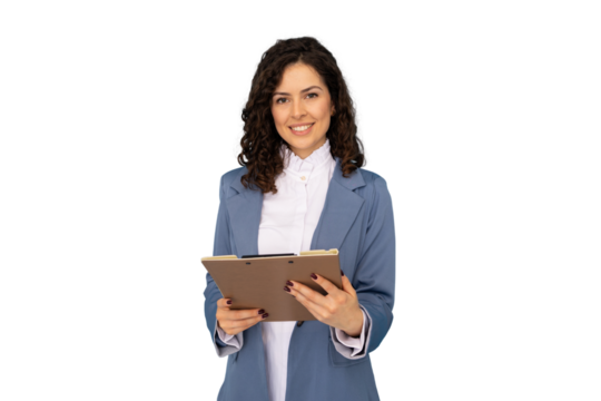 Confident businesswoman smiling while holding a clipboard, isolated on transparent background, ready for keying and compositing - Powered by Adobe