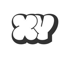 XY logo, bubble comic lettering, rounded in graffiti style black and white silhouette. Trendy preschool X and Y letter text for festival party, personal initials, children funky print and web.