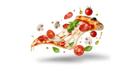 Deconstructed Pizza Ingredients Floating Mid-Air Food Photography isolated on white background  