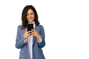 Businesswoman wearing a blue suit and white shirt smiling while using a smartphone on a transparent background