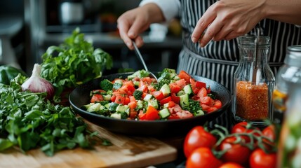 A person skillfully prepares a vibrant salad in a modern kitchen, highlighting fresh ingredients and the art of cooking while promoting health and wellness through food choices.