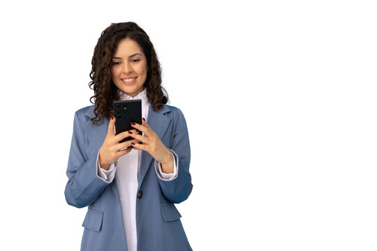 Businesswoman wearing a blue suit and white shirt smiling while using a smartphone on a transparent background