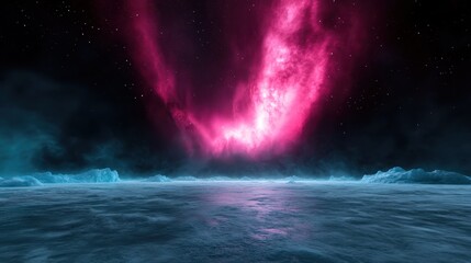 A stunning cosmic scene featuring a vibrant pink nebula illuminating the starry sky above a frozen landscape, evoking feelings of wonder and awe in the vast universe.