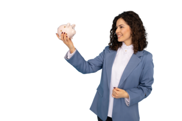 Professional woman holding piggy bank, exhibiting financial planning, savings strategy against transparent backdrop