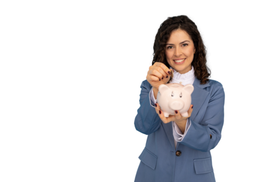 Businesswoman inserting coin into piggy bank, symbolizing saving and investment on a transparent background