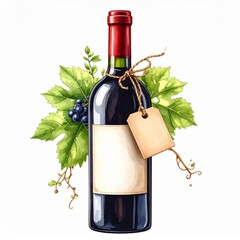 Watercolor Red Wine Bottle with Grapes and Leaves