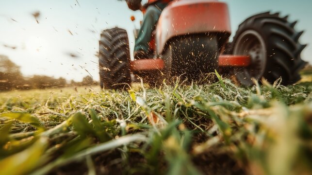 A close-up shot of a tractor working through a lush green field, highlighting the dust and earth being turned up, emphasizing agriculture and rural life.