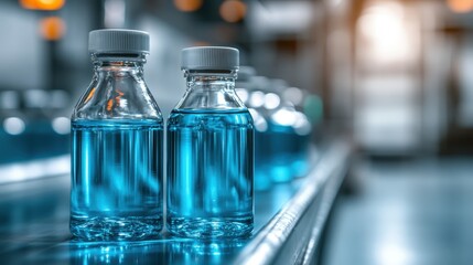 Beautifully arranged clear bottles containing a vibrant blue liquid, capturing the essence of freshness and purity, ideal for various product presentations.