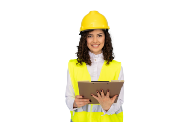 Confident female engineer wearing safety vest and helmet, holding clipboard, smiling on transparent background, ready for inspection