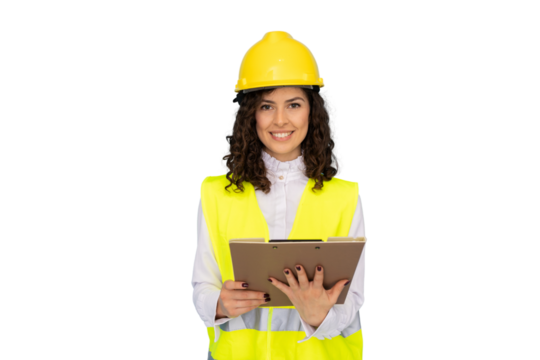 Confident female engineer wearing safety vest and helmet, holding clipboard, smiling on transparent background, ready for inspection - Powered by Adobe