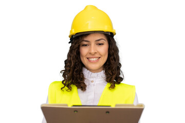 Young woman architect wearing safety helmet and vest smiling and reading notes on clipboard on transparent background