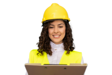Young woman architect wearing safety helmet and vest smiling and reading notes on clipboard on transparent background