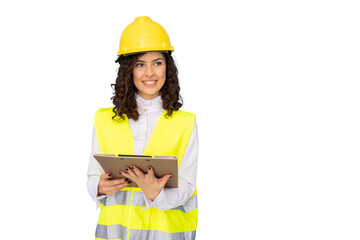 Confident female engineer wearing safety vest and helmet, holding clipboard and smiling, isolated on transparent background