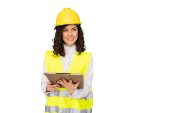 Confident female engineer wearing safety vest and helmet, holding clipboard and smiling, isolated on transparent background
