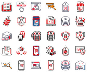 Flat outlined e-commerce icons showing carts, money, price tags, and secure checkout. Red, black and gray design on white background. Use in fintech, delivery apps, and retail UI/UX.Set of 30 symbols 