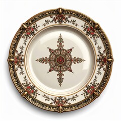 Ornate Vintage Plate with Red Floral Design and Gold Accents