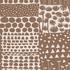 Calm scribble floral minimal shape seamless pattern. Gender neutral baby nursery natural brown linen decor background. Scandi style sketch doodle wallpaper in decorative kid fashion swatch. 