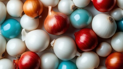 Obraz premium An artistic arrangement of various onions and colorful marbles creates a stunning visual display, celebrating the beauty of everyday objects and their vibrant textures in harmony.