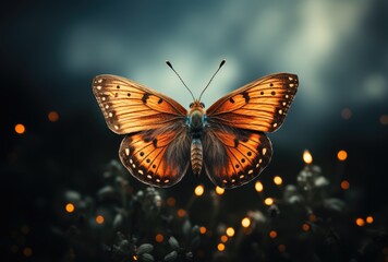 Fototapeta premium This stunning butterfly showcases vibrant orange wings with intricate patterns, set against a mystical backdrop illuminated by soft glowing lights, evoking wonder and beauty.