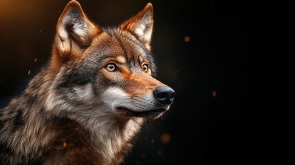 Fototapeta premium A striking portrait of a majestic wolf, with piercing eyes and detailed fur, set against a dark backdrop, radiating strength and wild beauty in a captivating and artistic way.