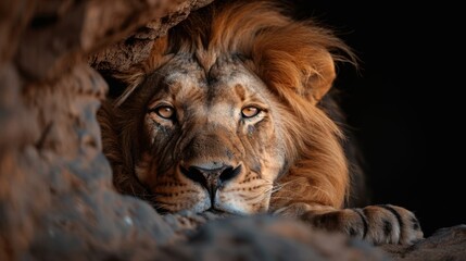Naklejka premium A majestic lion reclined peacefully in his habitat, eyes observing intently, capturing the essence of strength, kingship, and serenity in wildlife photography with an intimate perspective.