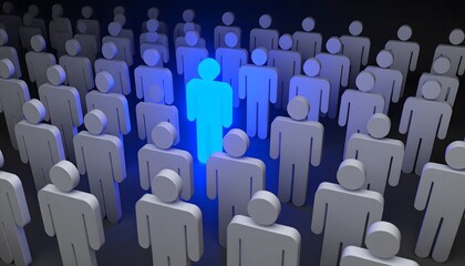 Outstanding talented person or leadership concept. One human figurine highlighted in blue in a crowd of grey ones