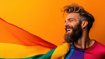 A cheerful man radiates happiness while holding a vibrant rainbow flag against a bright orange background, symbolizing pride and acceptance in a lively celebration.
