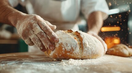 An artisan baker skillfully shapes a loaf of fresh bread, surrounded by flour, capturing the beauty of craftsmanship and dedication in the age-old art of baking.