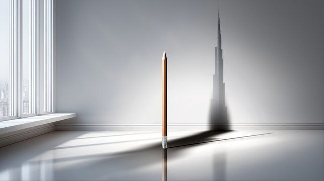 Creative perspective with a pencil casting a shadow resembling a skyscraper