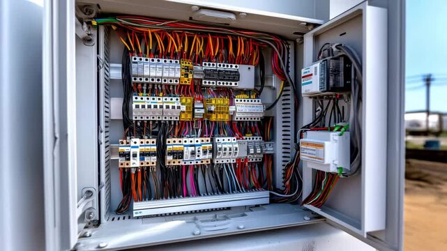 Electrical panel with colourful wiring and breakers shows power distribution and workplace safety