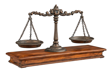 Antique scales sit balanced on a wooden base