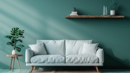 A minimalist living room features a plush, light blue couch against a teal wall, showcasing modern decor and a tranquil ambiance perfect for relaxation and comfort.