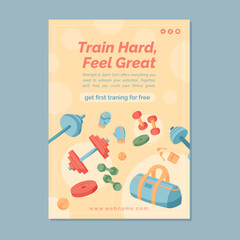 Colorful banner design with gym equipment. Dumbbell, weight, barbell, and workout tools highlight training and fitness lifestyle. Perfect for sport promotions background templates.