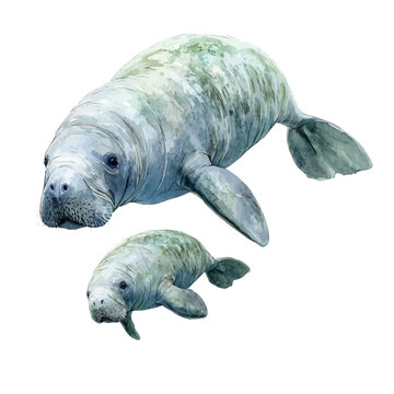 A Mother Manatee With Her Kid, watercolor illustration vector, high quality, isolated on a white background.