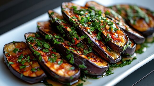A sensational dish featuring grilled eggplant slices garnished with fresh herbs and a savory sauce, making it a perfect centerpiece for an elegant dinner table.