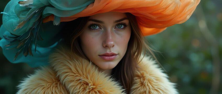 A Detailed Portrait of a Woman Wearing a Statement Hat with Flowing Multicolored Fabric and a Faux Fur.