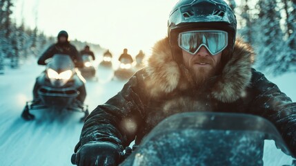 A thrilling snowmobile ride through a snowy landscape, capturing the essence of adventure and excitement among a group of enthusiastic riders in a winter wonderland.