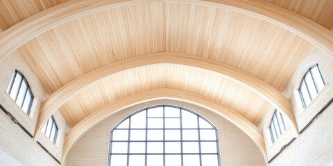 Obraz premium Arched wooden ceiling with large arched windows, creating a bright and spacious interior. Architectural design, modern interior, natural light, elegance