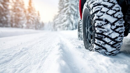A close-up shot of a tire on a snowy road, beautifully showcasing the texture of the snow and the rubber, symbolizing winter travel, adventure, and the challenges of the season.