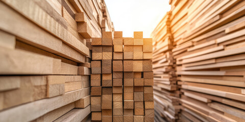 Stacks of wooden planks are neatly arranged side by side, with sunlight illuminating the scene. Construction materials, woodworking, lumber storage
