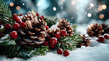A beautifully arranged scene of pine cones and red berries on a blanket of snow, evoking the warmth and spirit of the winter season and festive holidays.