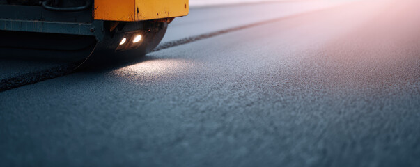 Road roller compacts a freshly paved asphalt surface under the glow of its headlights. Concept: Road construction and infrastructure